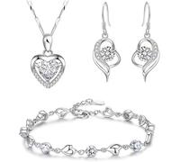 TOFBS Joyas de Mujer Corazón con Colgante Pendientes Conjunto de Joyas de Suerte Collar Pendientes Pulsera con Zirconia Cúbica Brillantes Conjuntos para Esposa Madre Novia Blanco