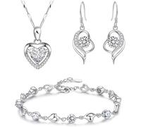 TOFBS Joyas de Mujer Corazón con Colgante Pendientes Conjunto de Joyas de Suerte Collar Pendientes Pulsera con Zirconia Cúbica Brillantes Conjuntos para Esposa Madre Novia Blanco