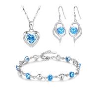 TOFBS Joyas de Mujer Corazón con Colgante Pendientes Conjunto de Joyas de Suerte Collar Pendientes Pulsera con Zirconia Cúbica Brillantes Conjuntos para Esposa Madre Novia Azul