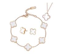 TOFBS Juego de joyas de trébol de cuatro hojas para mujeres y niñas de 18 K oro rosa chapado en acero inoxidable de doble cara blanco negro colgante collar pendientes pulsera esmalte conjunto de joyas