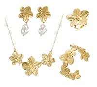 TOFBS Juego de Joyas para Mujer Vintage Pétalo de Flor Pendientes Collar Pulsera Conjunto y Anillos Hipoalergénico Declaración de Metal Juegos de Joyas Regalo(Oro)