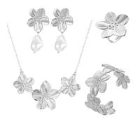 TOFBS Juego de Joyas para Mujer Vintage Pétalo de Flor Pendientes Collar Pulsera Conjunto y Anillos Hipoalergénico Declaración de Metal Juegos de Joyas Regalo(Plata)