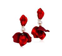 TOFBS Pendientes con Pétalos de Rosa Colgantes, Flor Elegante Gota Statement Florales Borla (Rojo/Corto)