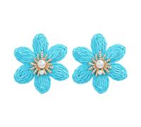 TOFBS Pendientes Flor Rafia Natural Adornados Perlas Cristales Brillantes Joyería Artesanal Elegante Bohemia Verano