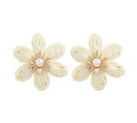 TOFBS Pendientes Flor Rafia Natural Adornados Perlas Cristales Brillantes Joyería Artesanal Elegante Bohemia Verano