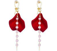 TOFBS Pendientes Largos Pétalos Rojos Cascada Perlas Elegantes Colgantes Mujer Joyería Artesanal Dorado Accesorios Femeninos