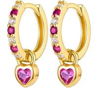 TOFBS Pendientes Oro Colgantes con Circonita Zircon Oro Pendientes con Pequeños Pendientes de Aro Ley 925 Minimalistas Dorados Aretes de Gota Para Mujeres Niña Rojo