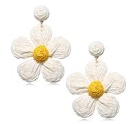 TOFBS Pendientes para Mujeres Bohemios Retro Earrings Grandes Irregular Pendientes con Diseño Floral de Rafia Hipoalergénicos Statement Joyas(Blanco)