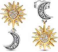 TOFBS Pendientes Sol y Luna S925 Plata Esterlina Cristales Brillantes Chapado en Oro Pendientes Celestiales Joyas Mujer