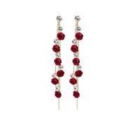 TOFBS Rosa Roja Flor Pendientes de Cadena con Cubic Zirconia Elegante Statement Gota Stud 925 Plata para La Boda Mujeres y Niñas