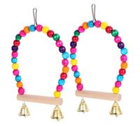 Tofficu 2 Piezas de Columpio para Pájaros de Madera Natural con Campana, Juguete Masticable para Periquitos y Loros, Percha Colorida para Jaula, Accesorios Interactivos Color Aleatorio