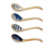 Tofficu 4 Cucharas de Sopa Japonesas de Cerámica, Cucharas Soperas de Porcelana Asiáticas Esmaltadas, Tamaño Pequeño, Color Azul Diseño de Esmalte, para Cocina y Restaurante, Juego