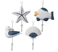 Tofficu Ganchos de Madera para Pared Estilo Mediterráneo Diseño de Peces para Colgar Llaves y Abrigos, Set de 4 Piezas para Decoración Náutica