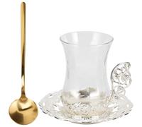 Tofficu Juego de Tazas de Café de Vidrio Vintage Juego de 3 Piezas con Cuchara y Platillo Plateado Tazas para Té y Leche para Uso Doméstico y Oficina para Bebidas Calientes y Frías