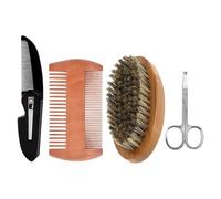 Tofficu Kit Cuidado de Barba Hombre 4 Piezas Cepillo Cerdas Peine Madera Doble Cara Tijeras Mini Plegable Cuidado Personal Viaje