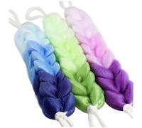 TOGEVAL 3 piezas Esponja de Baño con Mango Exfoliante Doble Cara Esponja de Malla para Ducha Depurador de Espalda Elástico Degradado Púrpura Verde y Azul de Multifunctional