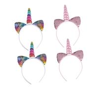 TOGEVAL Diadema para Fiesta de Cumpleaños Unicornio Orejas de Gato, 4 Piezas Lentejuelas Bicolor y Escamas, Banda Pelo Cosplay y Disfraces Infantiles