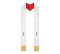 TOGEVAL Estola Clerical Reversible Bordado de Cruz y Borlas Chal Pastoral Doble Cara para Ceremonia Nupcial Bufanda Nupcial Bordada Roja y Blanca Chal para Boda en Iglesia Estola para