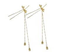 TOGEVAL Palitos Cabello 2 Piezas de Aleación Dorada Diseño de Libélula y Borlas, Accesorios Retro Chinos Que No Tiran ni Rascan el Cuero Cabelludo para Boda y Fiesta