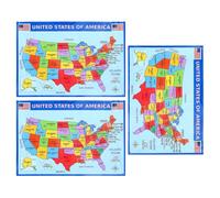 TOGEVAL Póster Educativo de 3 Piezas Mapa de Estados Unidos Laminado Resistente al Agua, Cartel Mural para Aula y Dormitorio, Mapa de Geografía Detallado Adultos