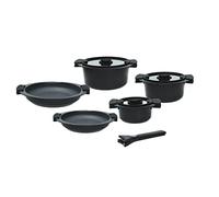 Tognana Avantspace - Juego de ollas y 2 sartenes antiadherentes, 3 cacerolas, 3 tapas transparentes, ahorra espacio con mango extraíble, 8 piezas, aluminio, negro, para gas e inducción