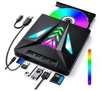 Toheitian Unidad Externa de CD/DVD USB 3.0 con 4 Puertos USB y Lector de Tarjetas SD/TF, Grabadora de ROM +/-RW con Luz LED para Laptop, PC