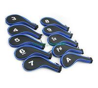 TOHMLAPE Juego de 10 fundas para cabezas de palos de golf de cuello largo con cremallera para hierros, Taylormade Ping, Callaway, Mizuno Cobra, Negro y azul.
