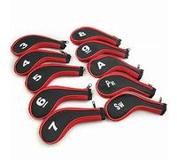TOHMLAPE Juego de 10 fundas para cabezas de palos de golf de cuello largo con cremallera para hierros, Taylormade Ping, Callaway, Mizuno Cobra, Negro y rojo.