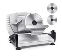 TOKASS Rebanadora Eléctrica de Acero Inoxidable - Robot de Cocina Ajustable de 0 a 15 mm - 2 Cuchillas - Rebanadora de Salchichas, Pan, Jamón y Carne - 150 W + 2 Cuchillas Plateadas