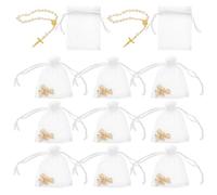 TOKIDNY 12 Pulseras de Rosario para Bautizo con Cruz, Pulseras de Cuentas en Tonos Dorados y Blancos (7x9 Cm), Kit Religioso para Comunión, Regalos para Bodas y Fiestas Religiosas