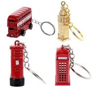 TOKIDNY Llaveros Estilo Inglés 4 Piezas de Aleación de Zinc Colgantes Vintage de Autobús Rojo Cabina Telefónica Buzón y Reloj Icónico Adorno Colgante Retro para Bolso Mochila y