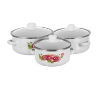 TOKIDNY Olla de Esmalte con Doble Asa 3 Piezas 16-18-20 CM Fondo Plano Antigoteo Color Blanco con Diseño Floral Retro Apta para Sopa Casera Guisos y Ramen Olla Profunda Resistente