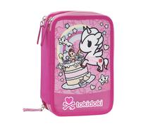 Tokidoki - Estuche escolar oficial Tokidoki, estuche con 3 compartimentos para niña y niño con juego de papelería, bolígrafo borrable azul, práctico cierre de cremallera, 20 x 13 x 7 cm, rosa,