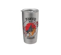 Tokio Japón Tigre Ciudad Horizonte Cerezo Gráfico Vaso térmico de acero inoxidable de doble pared