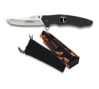 Tokisu Navaja japonesa K25 fabricado por CNC G-10 y FIBRA DE CARBONO 9,5 cm con CLIP Hoja 10 cm para Caza, Outdoor, Supervivencia y Bushcraft 18322 + Portabotellas de regalo