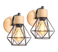 TOKIUS 2 Piezas Apliques de Pared Vintage Diseño Jaula Ø 16cm Industrial Lámpara de Pared Interior de Hierro y Madera E27 Aplique Retro para Pasillo Dormitorio Salón Cocina (Madera, Tipo B, Negro)