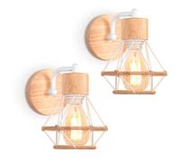TOKIUS 2 Piezas Apliques de Pared Vintage Diseño Jaula 16cm Industrial Lámpara de Pared Interior de Madera Hierro Jaula con Cuerda de Cáñamo Retro Iluminación E27 para Cocina Dormitorio Salón (Blanco)