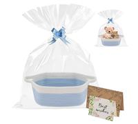 TOKSEO Cesta de regalo vacía, cesta de regalo vacía con bolsas de regalo, tarjeta de felicitación y cintas, cesta trenzada con asa para cumpleaños, baby showers (combinación azul y blanco)