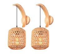 TOKTOP - Lote de 2 apliques de pared interior de madera E27 cuerda de cáñamo ratán, lámpara de pared bohemia, luna, iluminación de pared vintage para dormitorio, salón, pasillo, café
