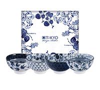 TOKYO design studio Flora Japonica - Juego de 4 cuencos (12 cm de diámetro, 6,3 cm de alto, 300 ml, porcelana asiática, diseño de flores japonesas, incluye caja de regalo), color azul y blanco