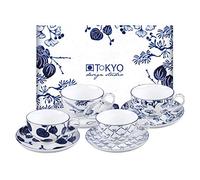 TOKYO design studio Flora Japonica - Juego de 4 tazas de té de porcelana de alta calidad y 4 platillos a juego, caja de regalo decorativa, apta para microondas y lavavajillas