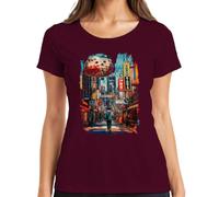 Tokyo Nights Shibuya Japan Anime Neon City Y2K Camiseta para mujer, granate, M