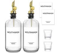 TOLDATLI Dispensador de enjuague bucal, dispensador de enjuague bucal de vidrio para baño, botella contenedor de lavado bucal con taza, paquete de 2 decantadores de enjuague bucal recargables, 16