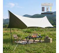 Toldo Camping Impermeable 4.4x4.5m con Postes Refugio Lluvia Exterior Lona Sombra Acampada Carpa Parasol Anti UV Senderismo Supervivencia Fácil Montaje(Gold,450x440cm)