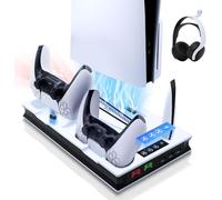 Tolesum Soporte de Refrigeración para PS5 / PS5 Slim / PS5 Pro, Soporte para PS5 Vertical Ventiladores de Refrigeración y Estación de Carga de Dual Dontrolador, 3 USB, Soporte para Auriculares