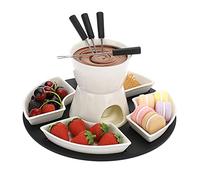 TOLIDA Fondue de Chocolate-300ml Cerámica Blanca Juego de Fundidor de Queso de Cuadrado con 4 Tenedores y 4 Platos con Plato de Madera 11 Piezas para Chocolate Mantequilla y Queso (sin Vela)