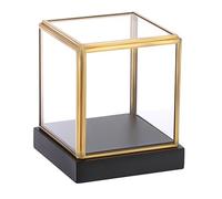 TOLIDA Vitrina cuadrada de cristal transparente con marco dorado y base de madera de pino negro para coleccionables, 10 x 10 x 12 cm