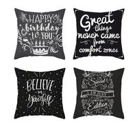 Tolldek 4 fundas de almohada, Happy Birthday to You...Star Funda de cojín decorativa para salón, suave, lavable, decorativa, cojín para decoración del hogar, color negro y blanco, 40 x 40 cm