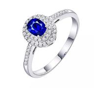 Tolldek Anillo de boda de oro blanco Au750, halo solitario con corte ovalado de 0,36 quilates, azul zafiro, 18 K, anillo de boda de diamante auténtico, sin alergias, Oro blanco de 18 quilates, Zafiro