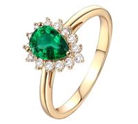 Tolldek Anillo de compromiso para parejas, de oro amarillo de 18 quilates, color verde laboratorio, esmeralda y moissanita, clásicos, gotas, anillo solitario Au 750, talla 47-67, Oro amarillo de 18